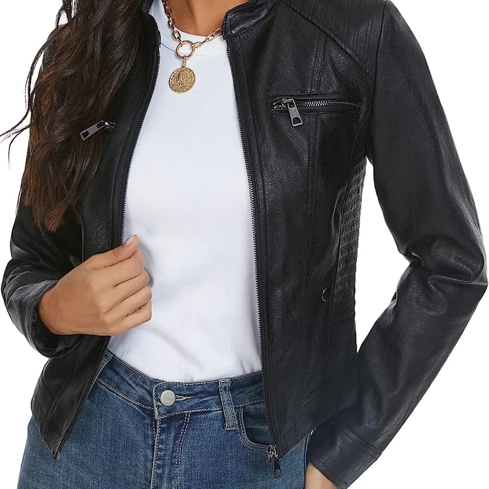 Fahsyee Women's Faux Leather Jacket Black Motorcycle Size XL
